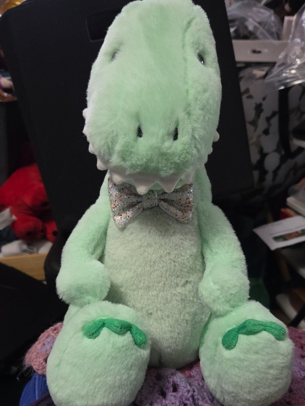 FAO Schwarz T-Rex Dinosaur With Bowtie Green 13" Plush Stuffed Animal